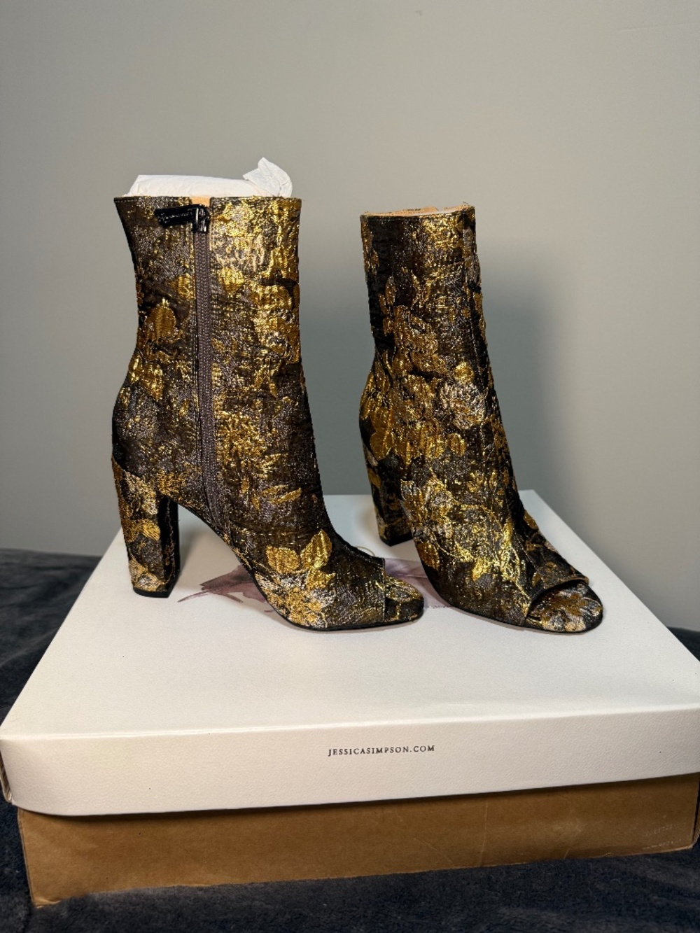 Jessica Simpson Open Toe Heeled Boot metallic Jacquard Brocade Floral Print